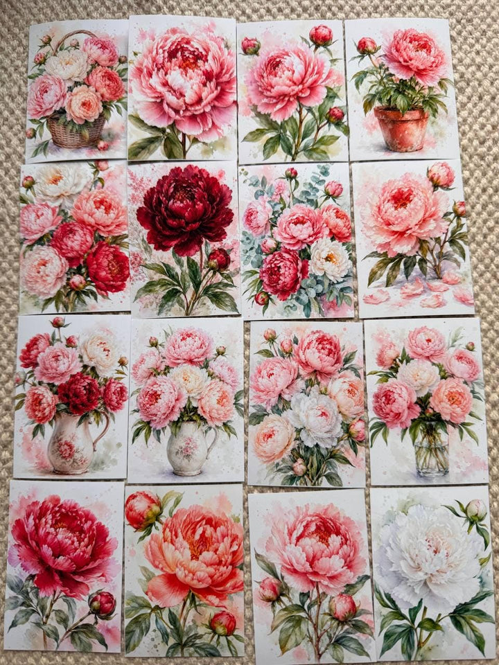 Peony Flower Stickers Set of 16, Watercolor Floral Stickers, Pink Peonies for Junk Journal, Scrapbook, Handmade in the UK Decor