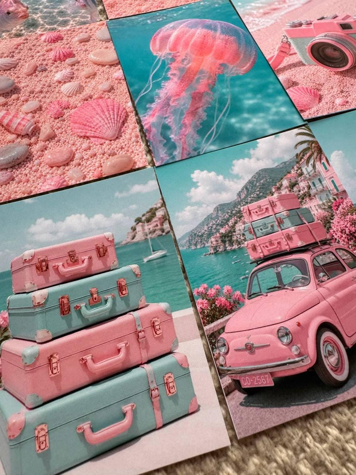 Pink Coastal Summer Stickers Set of 16, Beach Vacation Stickers, Pastel Travel Aesthetic, Scrapbook Journal Decor, UK Handmade