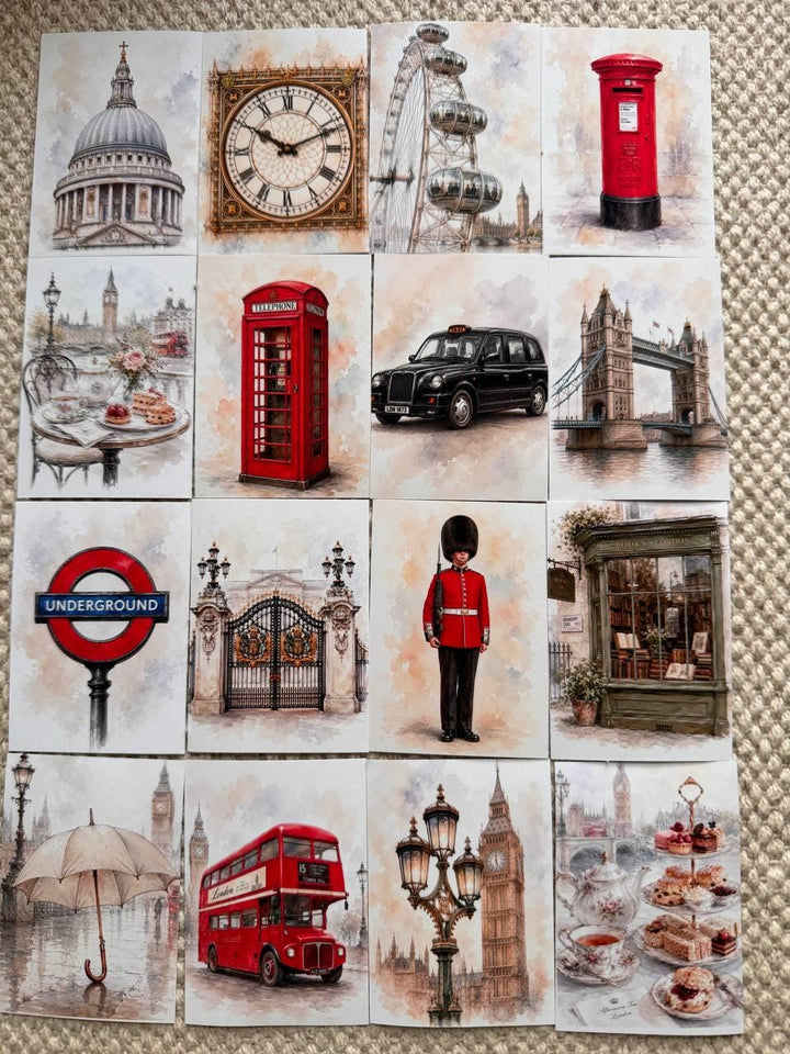 London Stickers Set of 16, Vintage London Ephemera, British Landmarks Stickers, Travel Journal Decor, UK Handmade