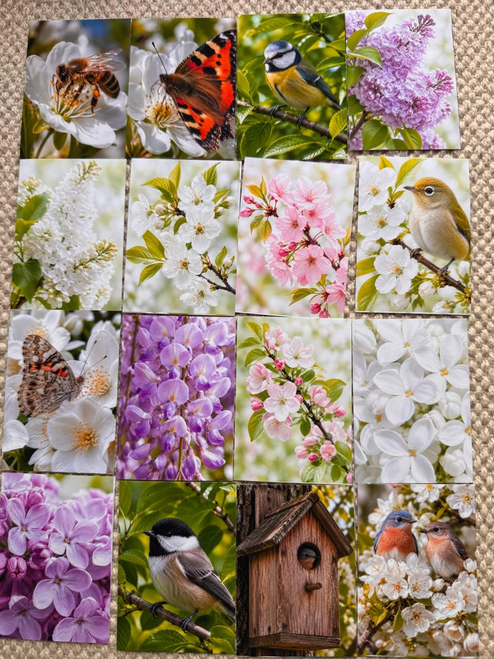 Spring Blossom & Garden Birds Stickers Set of 16, Floral Nature Stickers, Bird Lover Gift, Scrapbook Stickers, Handmade in UK