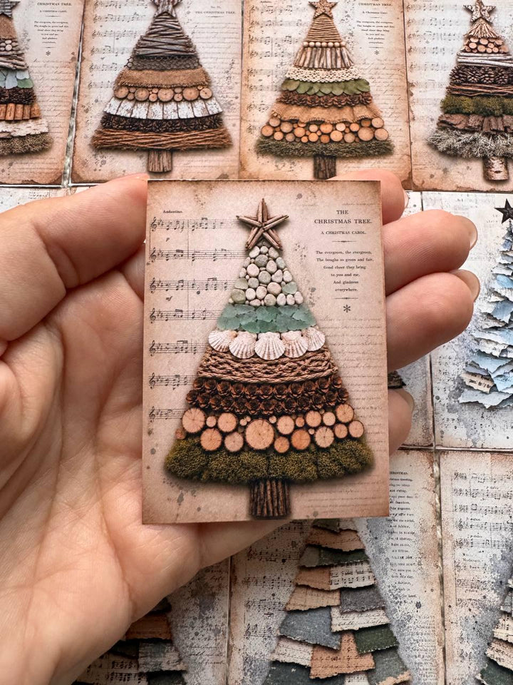 Vintage Christmas Tree Stickers Set of 16, Rustic Christmas Ephemera, Handmade Holiday Stickers, Junk Journal Supplies,Cottagecore Christmas
