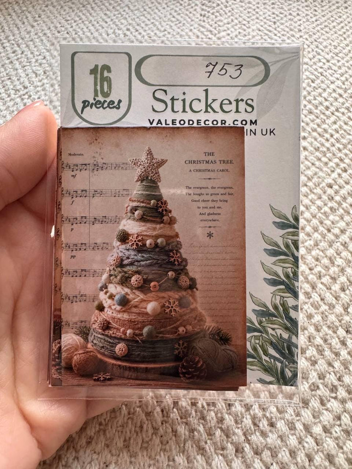 Vintage Handmade Christmas Tree Stickers Set of 16, Rustic Holiday Journal Stickers, Cottagecore Xmas Ephemera UK