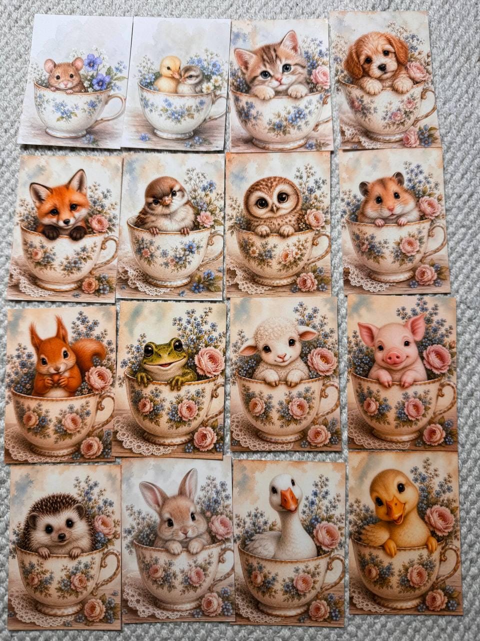 Vintage Animals in Teacups Stickers Set of 16, Cute Cottagecore Ephemera, Bunny Fox Owl Kitten Journal Stickers UK Made