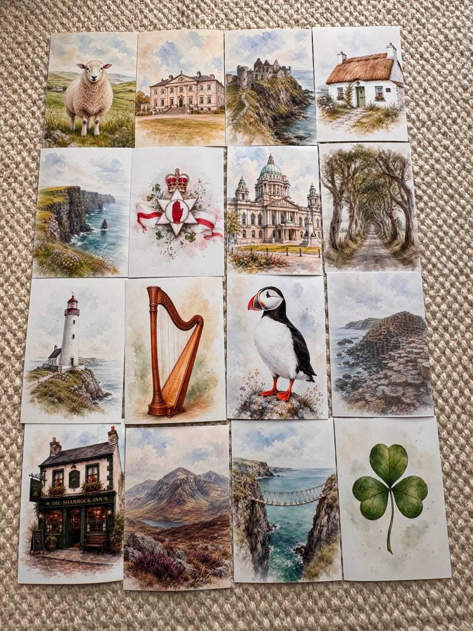 Ireland Watercolour Stickers Set of 16, Irish Landmarks Ephemera, Puffin Cliffs Cottage Celtic Journal Stickers UK Made