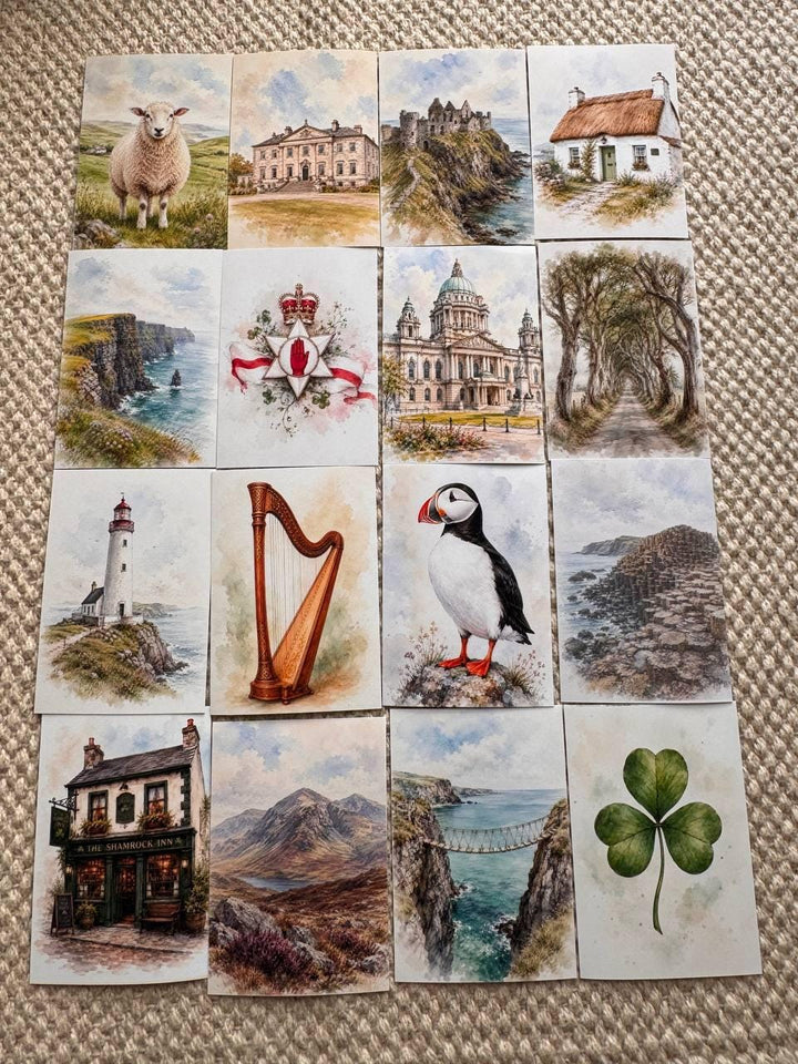 Ireland Watercolour Stickers Set of 16, Irish Landmarks Ephemera, Puffin Cliffs Cottage Celtic Journal Stickers UK Made