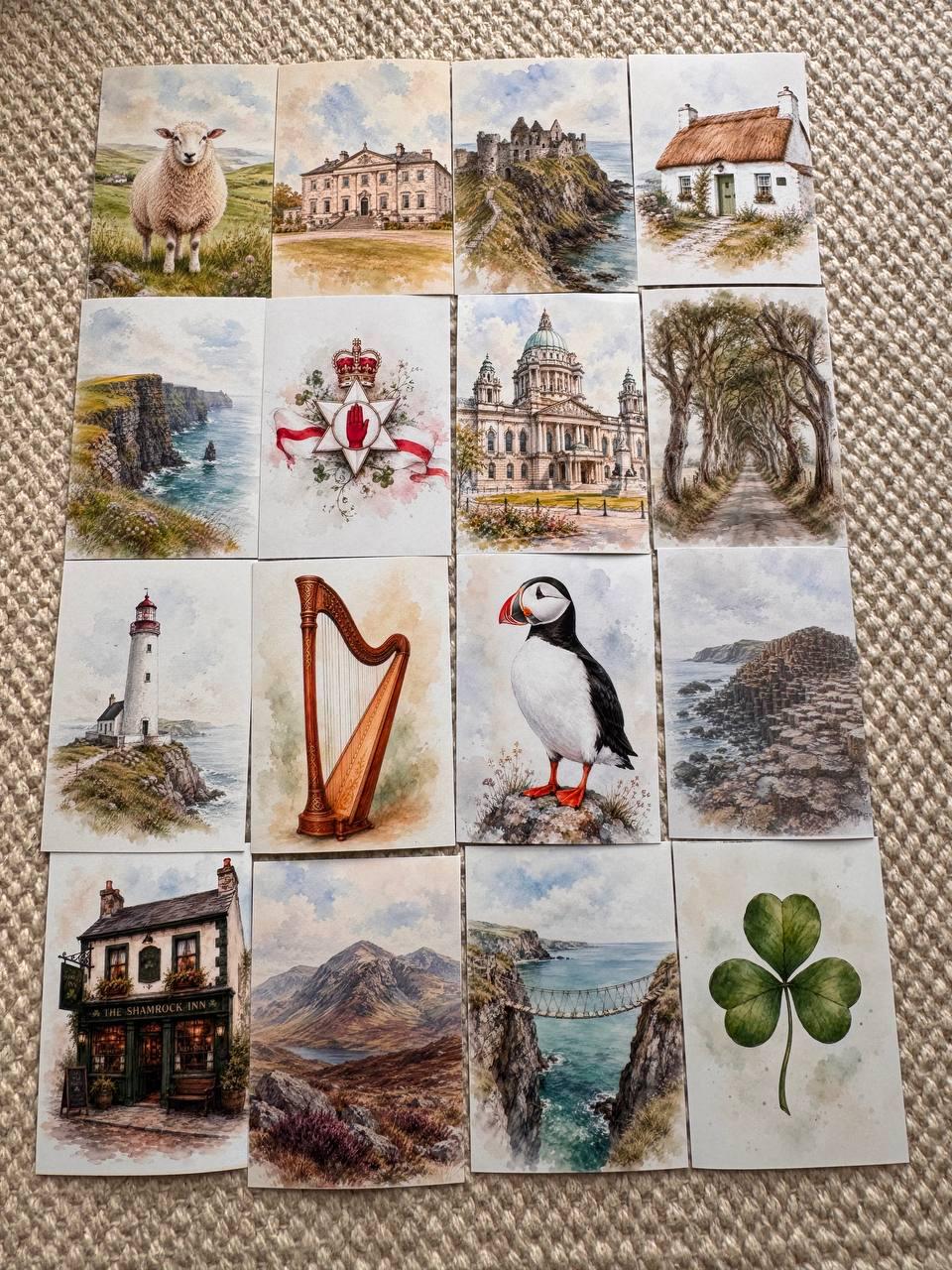 Ireland Watercolour Stickers Set of 16, Irish Landmarks Ephemera, Puffin Cliffs Cottage Celtic Journal Stickers UK Made