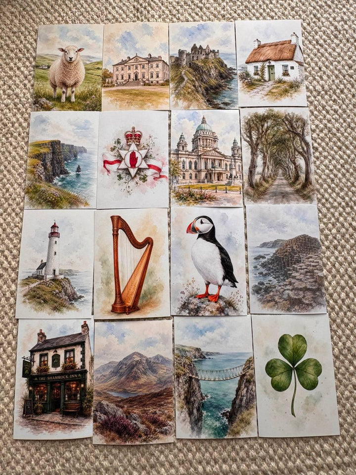 Ireland Watercolour Stickers Set of 16, Irish Landmarks Ephemera, Puffin Cliffs Cottage Celtic Journal Stickers UK Made