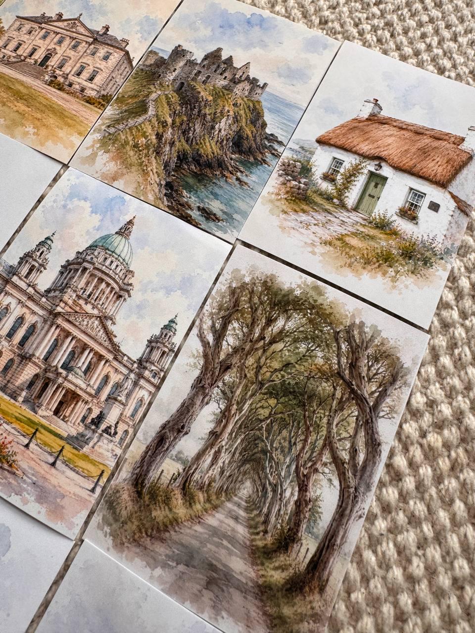 Ireland Watercolour Stickers Set of 16, Irish Landmarks Ephemera, Puffin Cliffs Cottage Celtic Journal Stickers UK Made