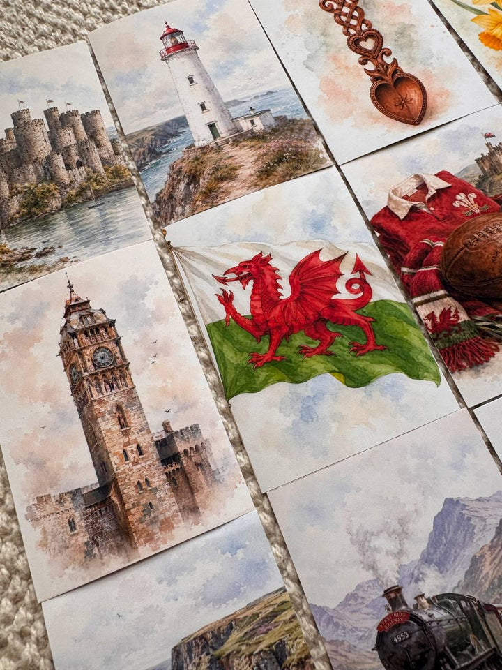 Wales Watercolour Stickers Set of 16, Welsh Dragon, Castles, Puffin, Snowdonia, Handmade UK Journal Scrapbook Stickers