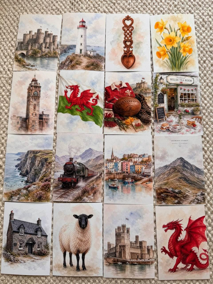 Wales Watercolour Stickers Set of 16, Welsh Dragon, Castles, Puffin, Snowdonia, Handmade UK Journal Scrapbook Stickers