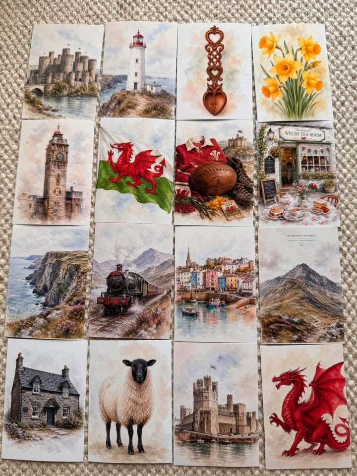 Wales Watercolour Stickers Set of 16, Welsh Dragon, Castles, Puffin, Snowdonia, Handmade UK Journal Scrapbook Stickers