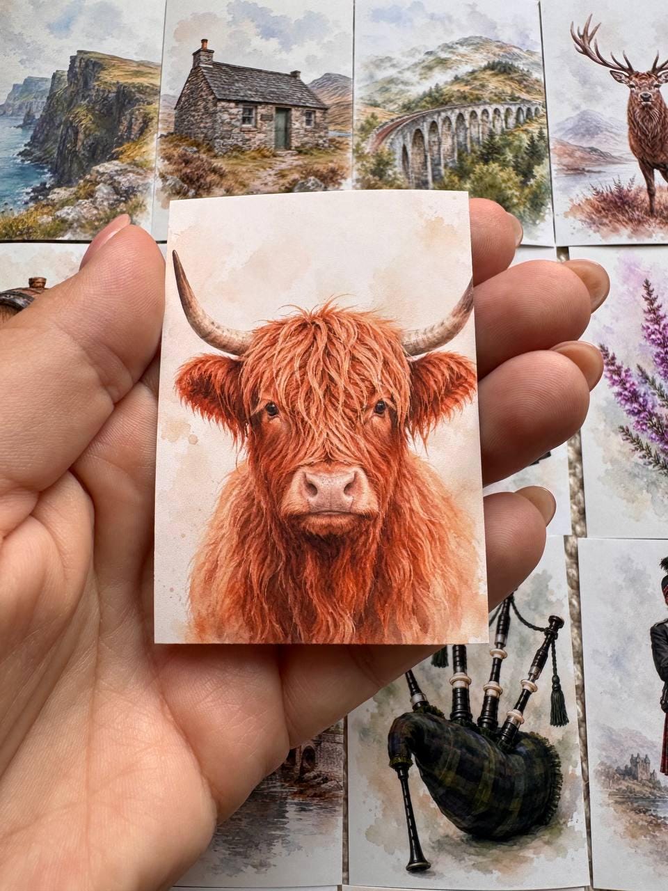 Scotland Watercolour Stickers Set of 16, Highland Cow, Loch Ness, Bagpipes, Scottish Flag, Handmade UK Journal Stickers
