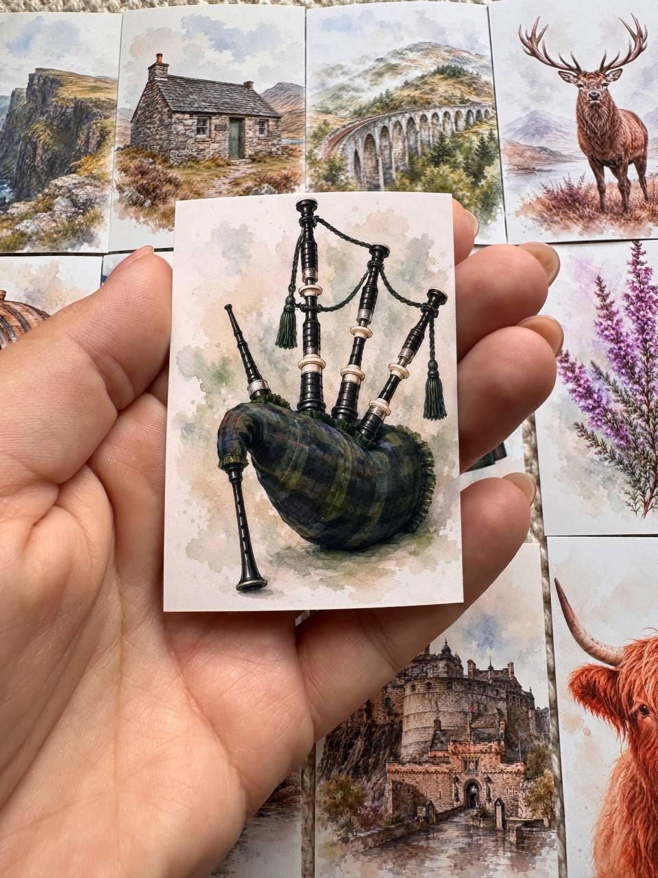 Scotland Watercolour Stickers Set of 16, Highland Cow, Loch Ness, Bagpipes, Scottish Flag, Handmade UK Journal Stickers