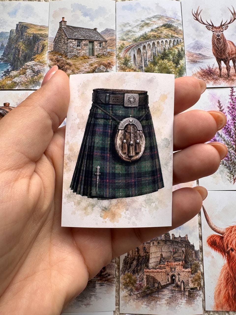 Scotland Watercolour Stickers Set of 16, Highland Cow, Loch Ness, Bagpipes, Scottish Flag, Handmade UK Journal Stickers