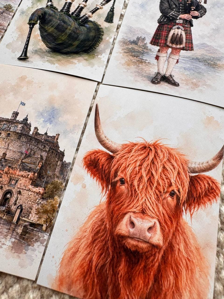 Scotland Watercolour Stickers Set of 16, Highland Cow, Loch Ness, Bagpipes, Scottish Flag, Handmade UK Journal Stickers