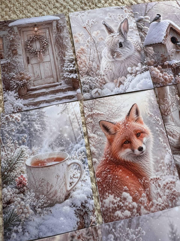 Winter Woodland Animal Stickers Set of 16, Cozy Snowy Forest, Fox Owl Rabbit Cat Winter Journal Stickers Handmade UK/vd-s0026