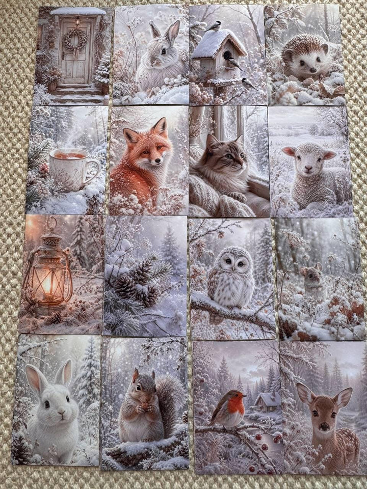 Winter Woodland Animal Stickers Set of 16, Cozy Snowy Forest, Fox Owl Rabbit Cat Winter Journal Stickers Handmade UK/vd-s0026
