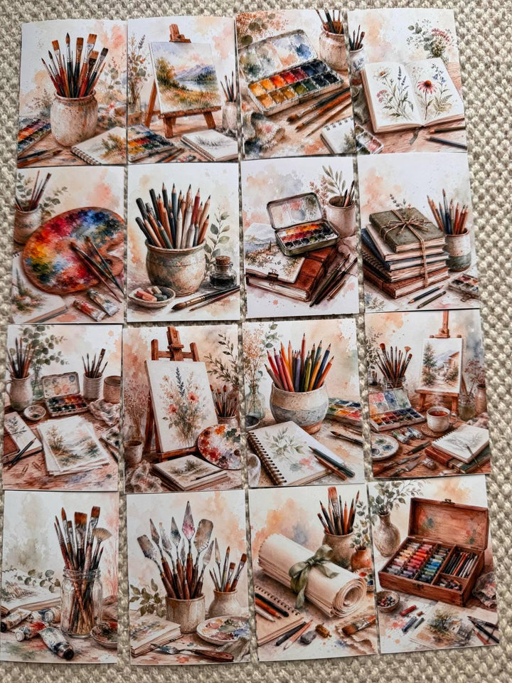 Artist Studio Stickers Set of 16, Watercolor Art Supplies Stickers, Painting Journal Stickers, Scrapbooking, Handmade UK Decor