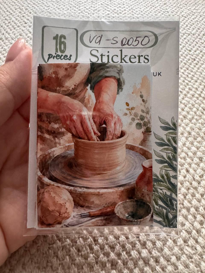 Pottery Stickers Set of 16, Ceramic Studio Watercolor Stickers, Pottery Wheel, Clay Art, Junk Journal, Handmade in the UK Decor