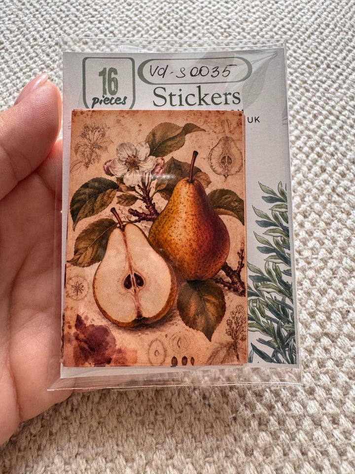 Vintage Botanical Fruit Stickers Set of 16, Cottagecore Journal Stickers, Autumn Harvest Ephemera, Handmade in UK, Scrapbook