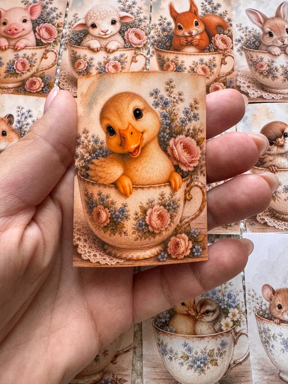 Vintage Animals in Teacups Stickers Set of 16, Cute Cottagecore Ephemera, Bunny Fox Owl Kitten Journal Stickers UK Made