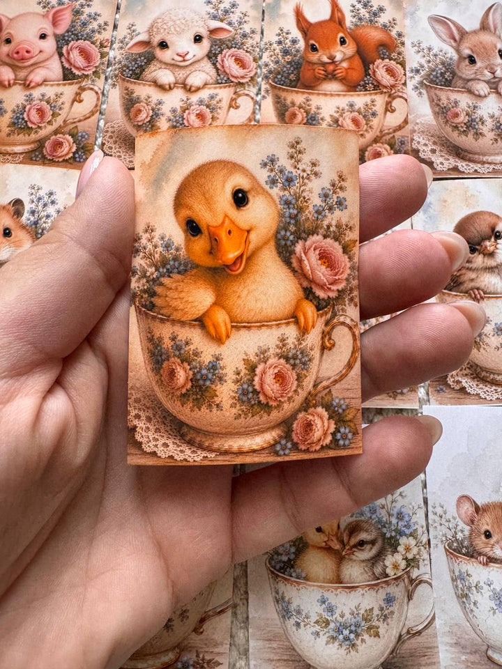Vintage Animals in Teacups Stickers Set of 16, Cute Cottagecore Ephemera, Bunny Fox Owl Kitten Journal Stickers UK Made