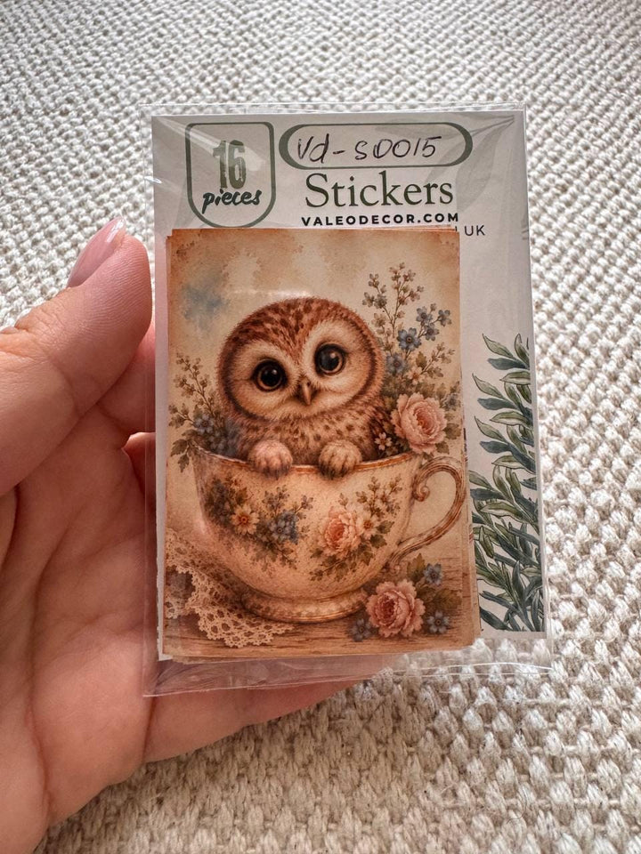 Vintage Animals in Teacups Stickers Set of 16, Cute Cottagecore Ephemera, Bunny Fox Owl Kitten Journal Stickers UK Made