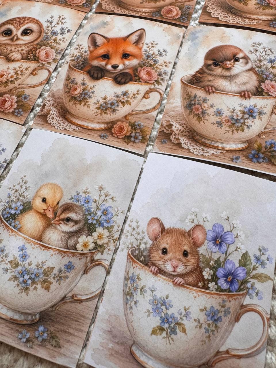 Vintage Animals in Teacups Stickers Set of 16, Cute Cottagecore Ephemera, Bunny Fox Owl Kitten Journal Stickers UK Made