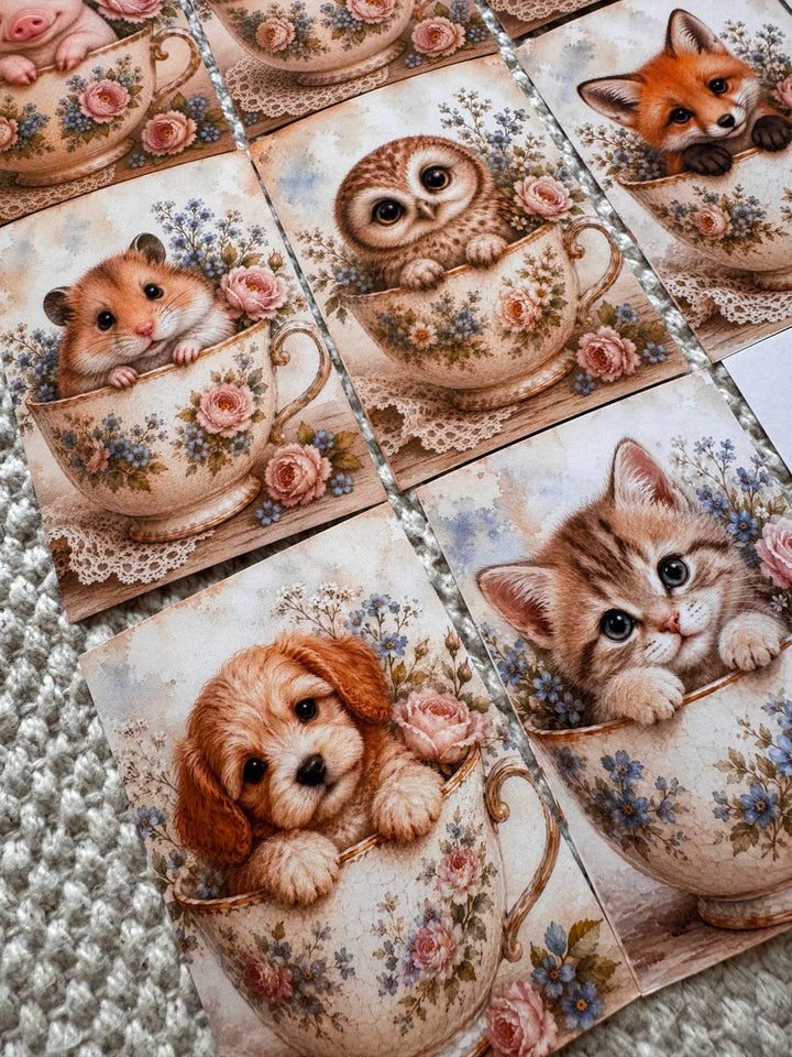 Vintage Animals in Teacups Stickers Set of 16, Cute Cottagecore Ephemera, Bunny Fox Owl Kitten Journal Stickers UK Made