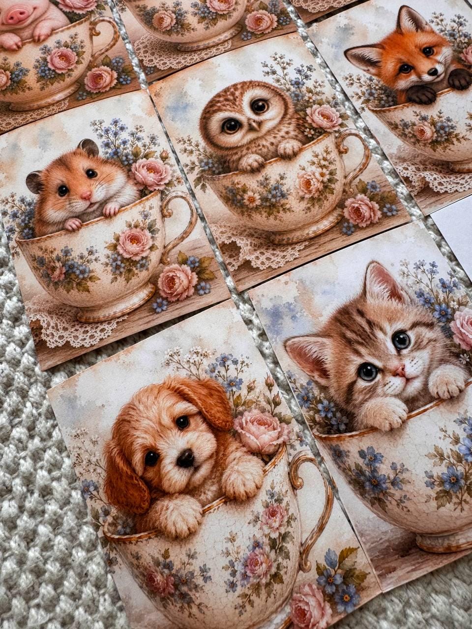 Vintage Animals in Teacups Stickers Set of 16, Cute Cottagecore Ephemera, Bunny Fox Owl Kitten Journal Stickers UK Made