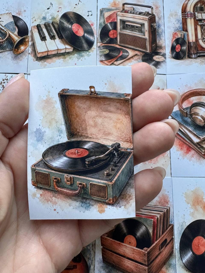 Vintage Music Stickers Set of 16, Vinyl Record Stickers, Retro Audio Watercolor, Handmade in UK, Junk Journal Scrapbook Decor Gift