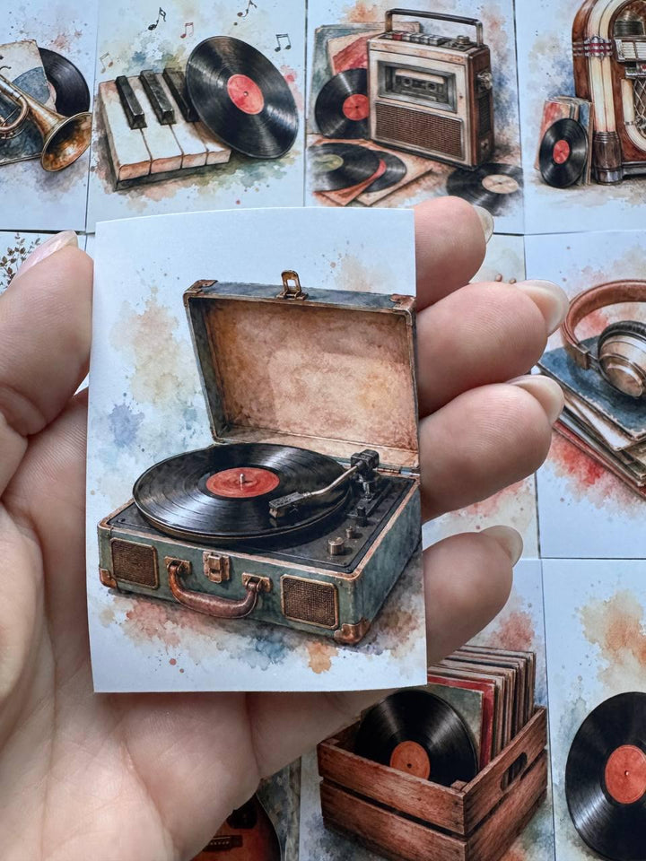 Vintage Music Stickers Set of 16, Vinyl Record Stickers, Retro Audio Watercolor, Handmade in UK, Junk Journal Scrapbook Decor Gift