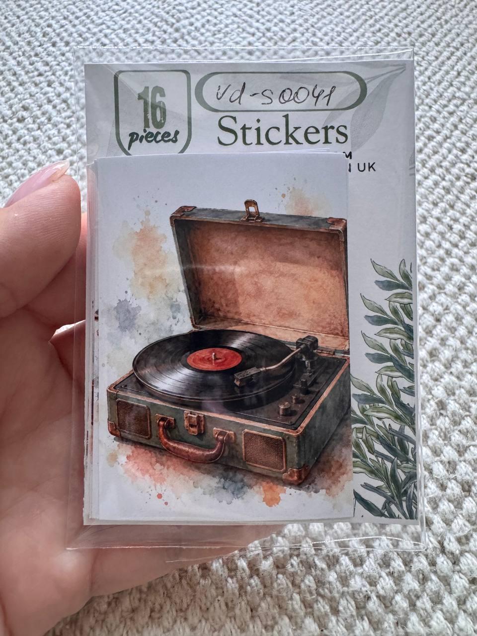Vintage Music Stickers Set of 16, Vinyl Record Stickers, Retro Audio Watercolor, Handmade in UK, Junk Journal Scrapbook Decor Gift