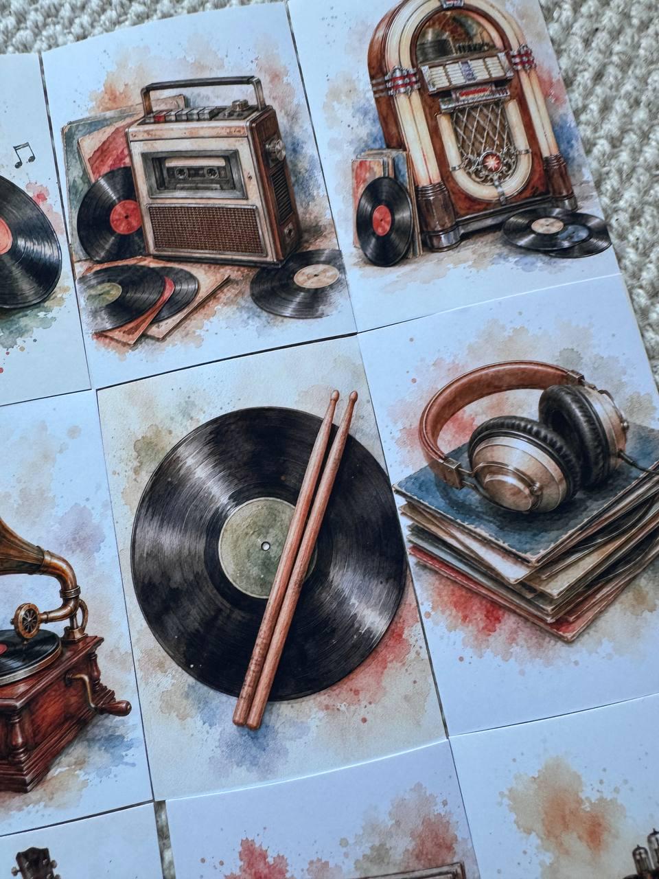 Vintage Music Stickers Set of 16, Vinyl Record Stickers, Retro Audio Watercolor, Handmade in UK, Junk Journal Scrapbook Decor Gift