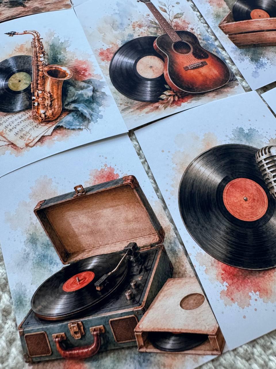 Vintage Music Stickers Set of 16, Vinyl Record Stickers, Retro Audio Watercolor, Handmade in UK, Junk Journal Scrapbook Decor Gift