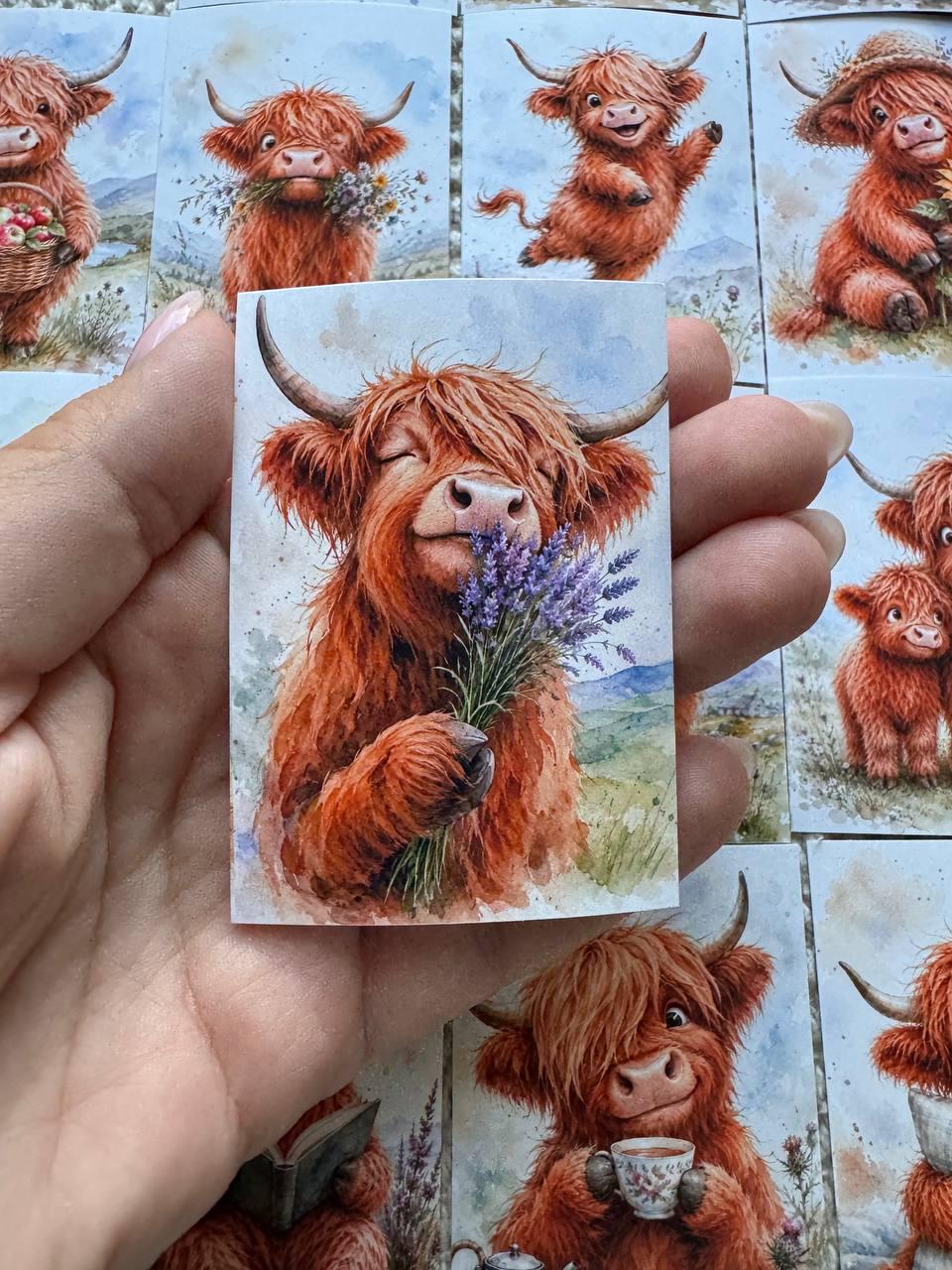 Highland Cow Stickers Set of 16, Cute Scottish Cow Watercolor Stickers, Handmade in UK, Junk Journal Scrapbook Planner Decor Gift