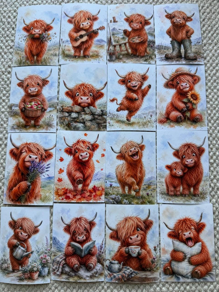 Highland Cow Stickers Set of 16, Cute Scottish Cow Watercolor Stickers, Handmade in UK, Junk Journal Scrapbook Planner Decor Gift