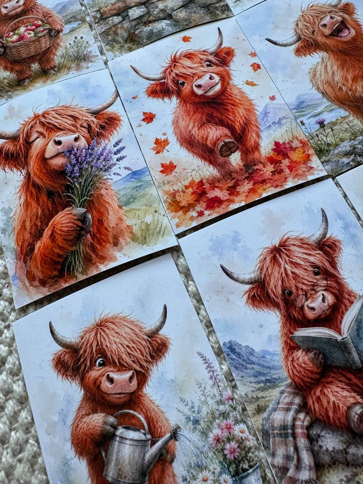 Highland Cow Stickers Set of 16, Cute Scottish Cow Watercolor Stickers, Handmade in UK, Junk Journal Scrapbook Planner Decor Gift