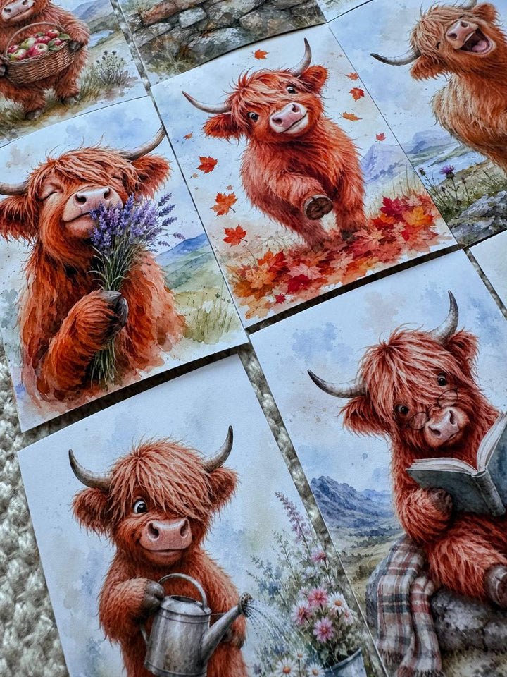 Highland Cow Stickers Set of 16, Cute Scottish Cow Watercolor Stickers, Handmade in UK, Junk Journal Scrapbook Planner Decor Gift