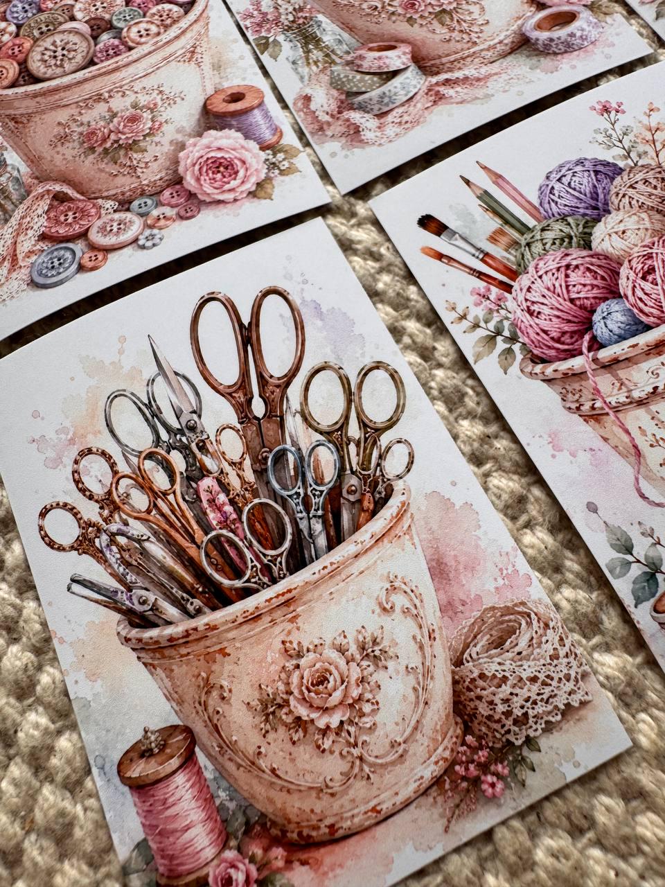 Vintage Craft Supply Stickers Set of 16, Watercolor Art & Sewing Stickers, Scrapbooking, Junk Journal, Handmade in the UK