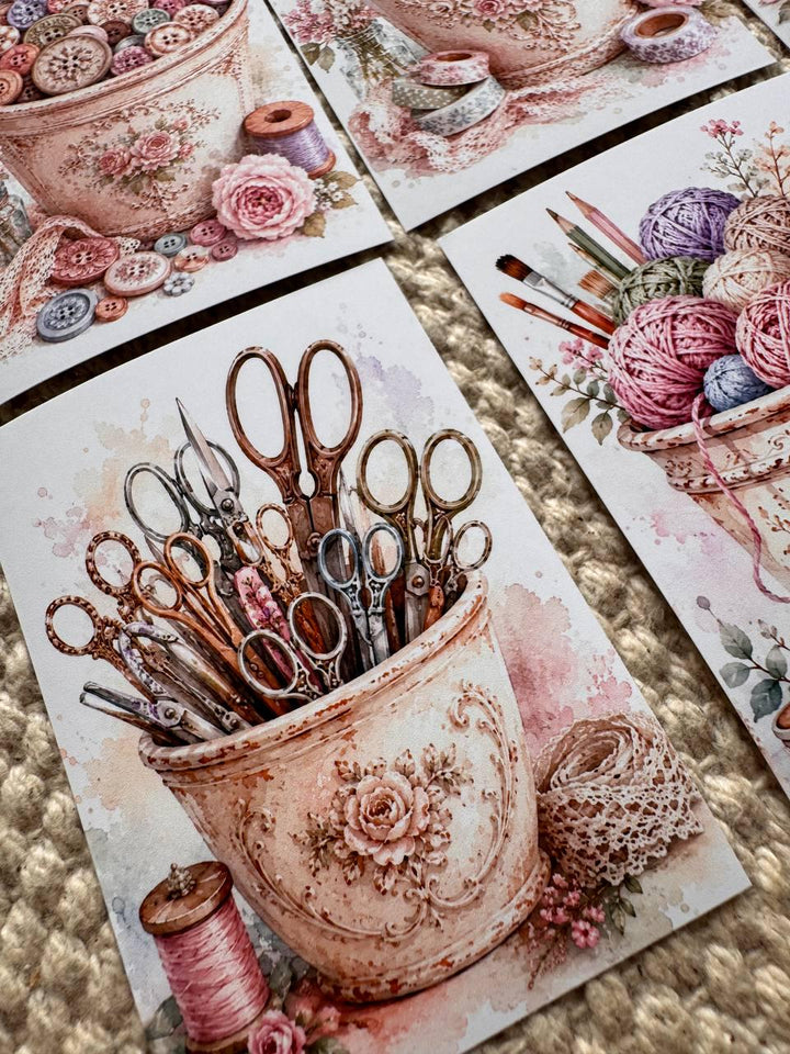 Vintage Craft Supply Stickers Set of 16, Watercolor Art & Sewing Stickers, Scrapbooking, Junk Journal, Handmade in the UK