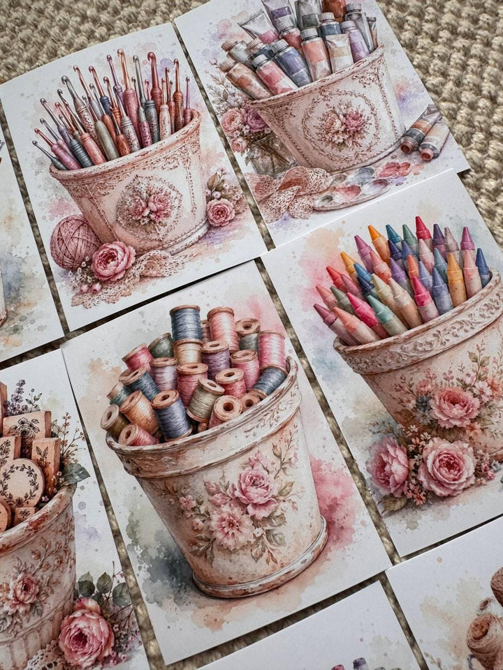 Vintage Craft Supply Stickers Set of 16, Watercolor Art & Sewing Stickers, Scrapbooking, Junk Journal, Handmade in the UK