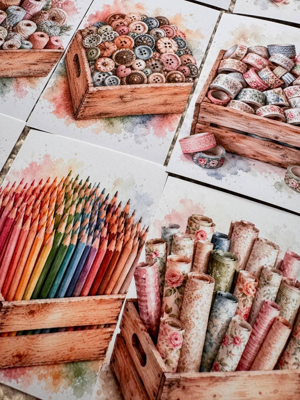 Vintage Craft Supply Stickers Set of 16, Watercolor Scrapbooking & Sewing Supplies, Junk Journal, Handmade in the UK Decor