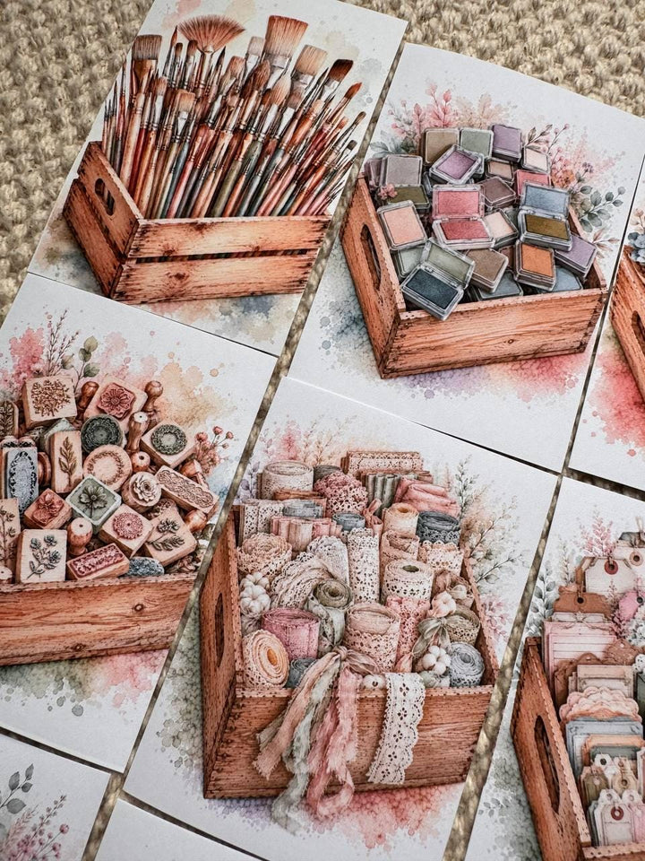 Vintage Craft Supply Stickers Set of 16, Watercolor Scrapbooking & Sewing Supplies, Junk Journal, Handmade in the UK Decor