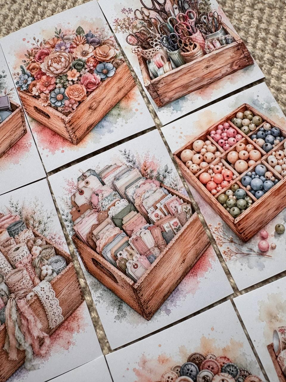 Vintage Craft Supply Stickers Set of 16, Watercolor Scrapbooking & Sewing Supplies, Junk Journal, Handmade in the UK Decor