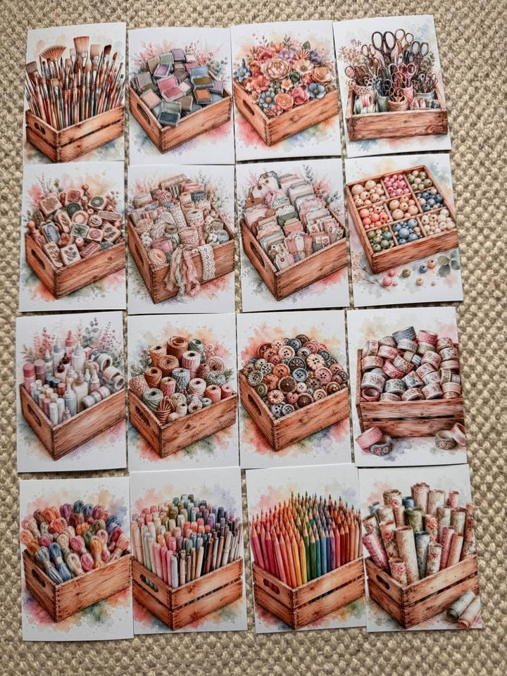 Vintage Craft Supply Stickers Set of 16, Watercolor Scrapbooking & Sewing Supplies, Junk Journal, Handmade in the UK Decor