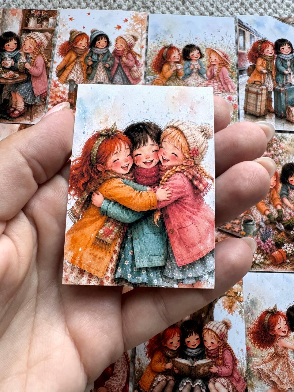 Vintage Friendship Girls Stickers Set of 16, Cozy Watercolor Best Friends Stickers, Junk Journal, Handmade in the UK Decor