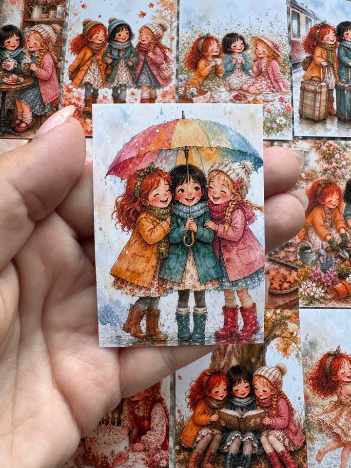 Vintage Friendship Girls Stickers Set of 16, Cozy Watercolor Best Friends Stickers, Junk Journal, Handmade in the UK Decor