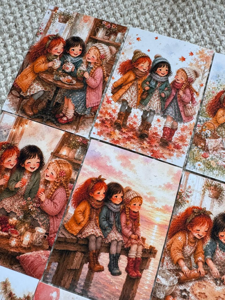 Vintage Friendship Girls Stickers Set of 16, Cozy Watercolor Best Friends Stickers, Junk Journal, Handmade in the UK Decor