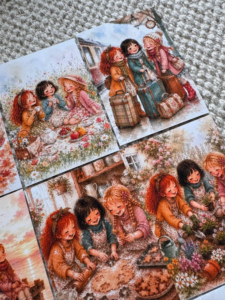 Vintage Friendship Girls Stickers Set of 16, Cozy Watercolor Best Friends Stickers, Junk Journal, Handmade in the UK Decor